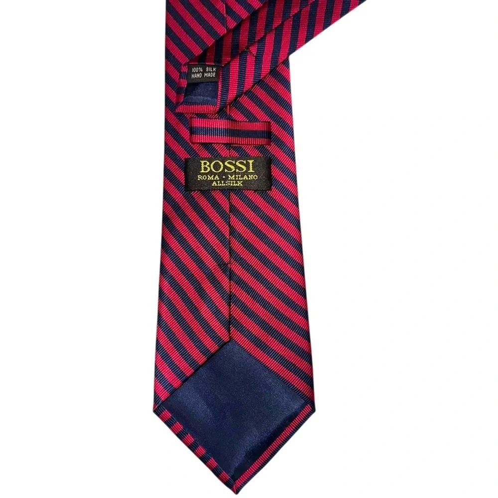 Umberto Bossi Mens Tie Repp Silk Red & Blue Striped Hand Made 59x3.5” Italy